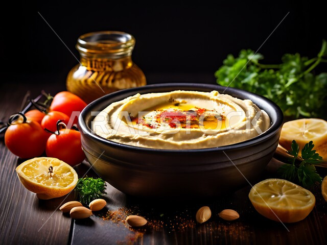 وجبات الإفطار الصحية الشهية في المطاعم في المملكة العربية السعودية، أصناف المقبلات الشعبية، صورة مقربة لطبق من الحمص المطحون المزين بالحضار والزيت، المأكولات الشرقية التقليدية، وصفات الطعام الغنية بالحبوب والبروتينات