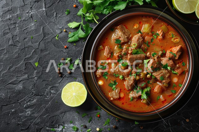 طبق من حساء الخضار مع صلصة الطماطم وقطع اللحم المزين بالأعشاب الخضراء, أكلات وأطباق شعبية تقليدية، المقبلات الساخنة الشهية، المأكولات والوجبات الشرقية, مطابخ ومطاعم المملكة العربية السعودية