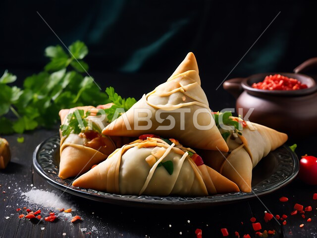 المقبلات الرمضانية الشهية، طبق من السمبوسك المقرمشة مع الخضراوت الطازجة، وصفات المأكولات والأطعمة العربية الشرقية اللذيذة في المملكة العربية السعودية، أطباق رئيسية في سفرة إفطار شهر رمضان المبارك، فطائر مقلية متنوعة الحشوات