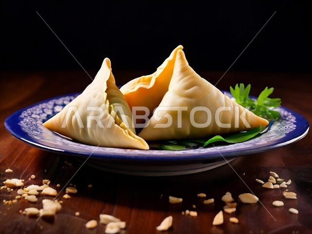 أطباق رئيسية في سفرة إفطار شهر رمضان المبارك، وصفات المأكولات والأطعمة العربية الشرقية اللذيذة في المملكة العربية السعودية، طبق من السمبوسك المقرمشة مع الخضراوت الطازجة، المقبلات الرمضانية الشهية، فطائر مقلية متنوعة الحشوات