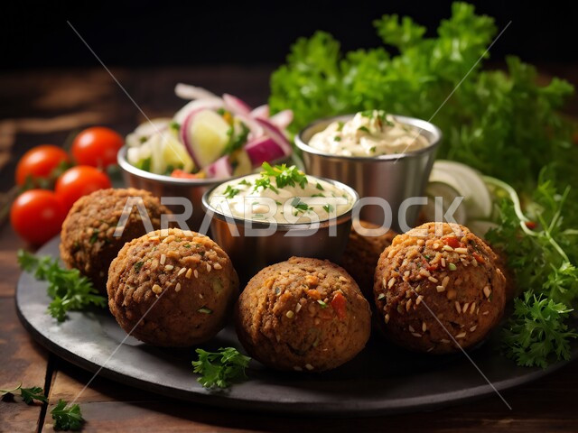 المطاعم العربية التقليدية في المملكة العربية السعودية، وجبات الطعام الشعبية الشهية، المأكولات العربية الشرقية، صورة مقربة لطبق من أقراص الفلافل المقرمشة مع الخضروات الطازجة واللبن، الأطعمة الغنية بالحبوب والبروتينات