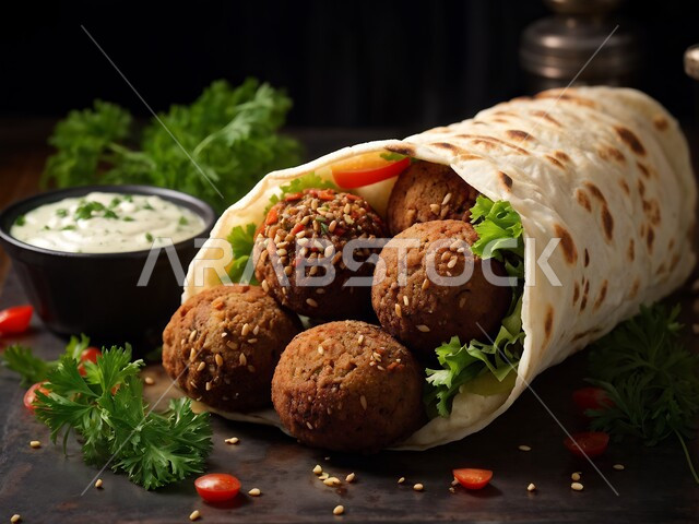 وجبات الطعام الشعبية الشهية، المأكولات العربية الشرقية، صورة مقربة لطبق من أقراص الفلافل المقرمشة مع الخضروات الطازجة واللبن، المطاعم العربية التقليدية في المملكة العربية السعودية، الأطعمة الغنية بالحبوب والبروتينات