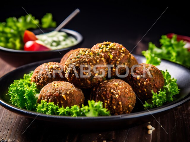 Foods rich in grains and proteins, Middle Eastern Arabic cuisine, Close-up of a plate of crispy falafel discs with fresh vegetables, Traditional Arabic restaurants in Saudi Arabia, Delicious popular meals