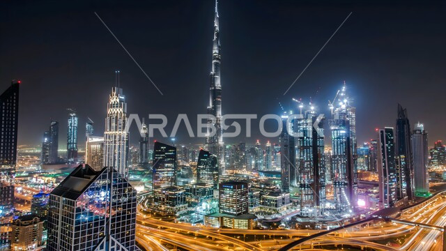 الأبراج وناطحات السحاب المضيئة ليلاً، الفن الهندسي المعماري لبرج خليفة في الإمارات العربية المتحدة، النمو والتطور العمراني للبنية التحتية الإماراتية، مناطق جذب واستقطاب السياح, معالم وأماكن سياحية مشهورة في إمارة دبي 