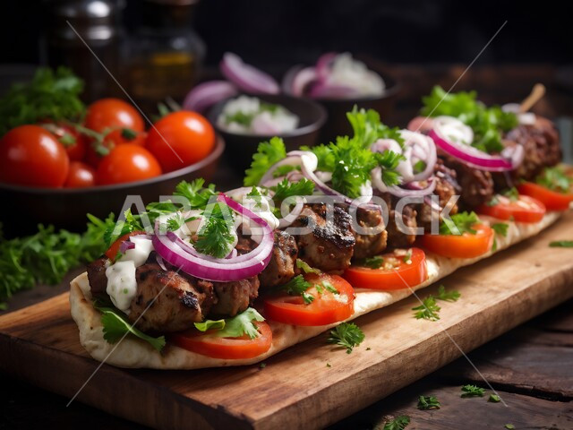 تحضير أطباق اللحوم المشوية، مطاعم الوجبات والمأكولات السريعة في المملكة العربية السعودية، صورة مقربة لأسياخ لحم الضأن المشوي مع الخضراوات، وجبات الطعام اللذيذة الصحية، فن الطهي والشواء ووصفات الأطعمة الشرقية، وجبة ذات قيمة غذائية عالية