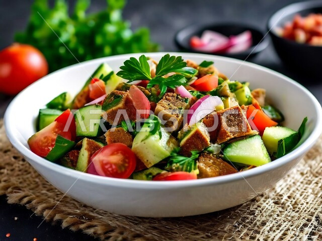 وجبة غذائية غنية بالبروتينات والفيتامينات المفيدة، وعاء مليء بقطع الخضراوات والخبز المحمص، الأطعمة والمأكولات الصحية من المطابخ الشرقية، صورة مقربة لطبق من الفتوش الشهي، المقبلات والسلطات العربية اللذيذة في المطاعم في المملكة العربية السعودية