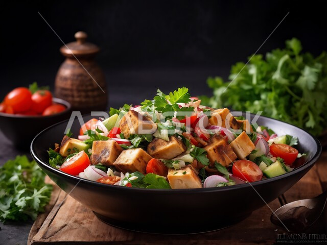 وجبة غذائية غنية بالبروتينات والفيتامينات المفيدة، وعاء مليء بقطع الخضراوات والخبز المحمص، الأطعمة والمأكولات الصحية من المطابخ الشرقية، صورة مقربة لطبق من الفتوش الشهي، المقبلات والسلطات العربية اللذيذة في المطاعم في المملكة العربية السعودية