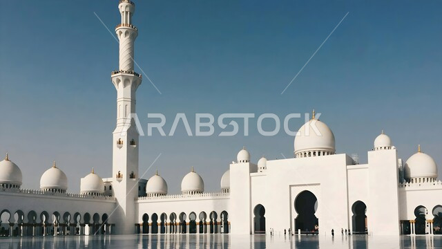 الساحة الخارجية لمسجد الشيخ زايد بن سلطان آل نهيان في إمارة أبوظبي, مفهوم العبادة والتقرب إلى الله تعالى, الهندسة المعمارية لبناء المساجد في الامارات العربية المتحدة, معالم وأماكن اسلامية مقدسة في النهار, نداء المسلمين لأداء العبادات والفرائض