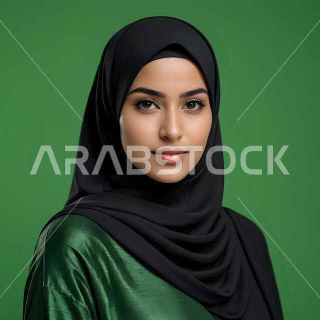 مفهوم النعومة والأنوثة، أزياء محجبات عصرية راقية، الأناقة والاهتمام بالمظهر الخارجي، بورتريه مقرب لامرأة عربية خليجي سعودية ترتدي الحجاب الاسود تنظر الى الكاميرا بإيماءات السرور والثقة بالنفس، خلفية خضراء، كروما