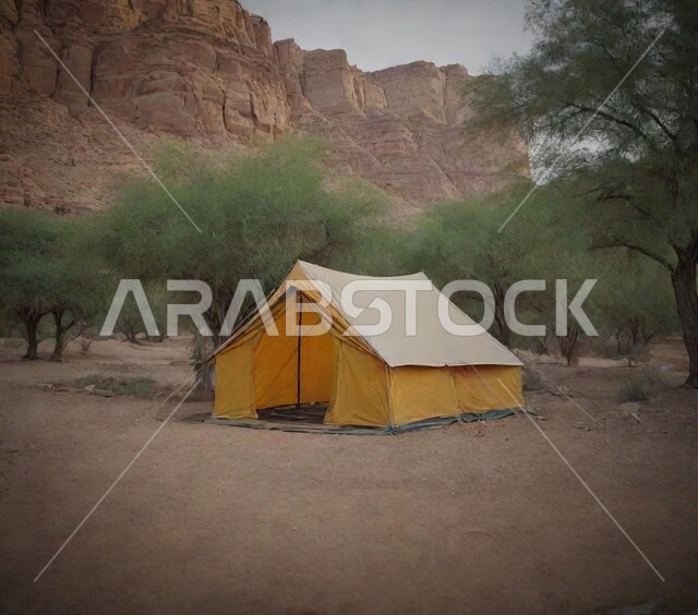 سلسلة الجبال والتكوينات والتشكلات الصخرية، مخيمات سياحية في المناطق البرية، خيمة بدوية شعبية وسط الرمال في وقت النهار، التخييم في صحاري المملكة العربية السعودية، نمو الأشجار والنباتات الشوكية في المناطق الصحراوية، الجو القاسي والجاف