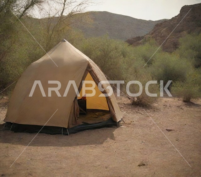 سلسلة الجبال والتكوينات والتشكلات الصخرية، مخيمات سياحية في المناطق البرية، خيمة بدوية شعبية وسط الرمال في وقت النهار، التخييم في صحاري المملكة العربية السعودية، نمو الأشجار والنباتات الشوكية في المناطق الصحراوية، الجو القاسي والجاف