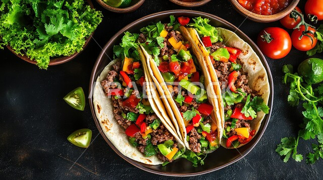 وصفات وأطباق شهية، صورة من الأعلى لطبق من ساندويش التاكو باللحم والخضار الطازجة، وجبات الطعام السريعة, فنون تقديم الطعام في مطاعم و مطابخ المملكة العربية السعودية