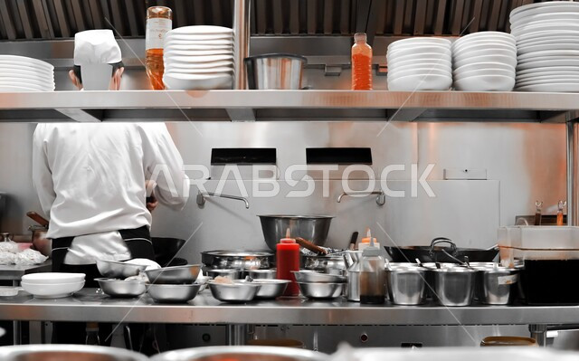 احتراف مهنة وفنون الطبخ، صورة من الخلف لشيف عربي خليجي سعودي يرتدي الكمامة وزي الطهاة يقوم باعداد وتجهيز وجبة الطعام على موقد غاز، الفن في اعداد وتقديم الاصناف المتنوعة من الاطعمة والمأكولات الشرقية اللذيذة، اتباع اجراءات السلامة في مطابخ ومطاعم المملكة العربية السعودية