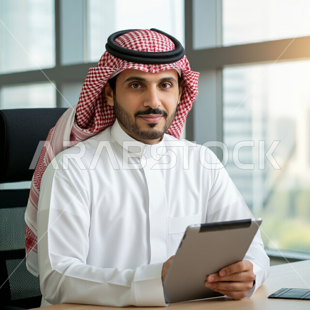 تصفح مواقع التواصل الاجتماعي والتواصل مع الأهل والأصدقاء، صورة مقربة لرجل عربي خليجي سعودي يرتدي الثوب التقليدي والشماغ يمسك الجهاز اللوحي ينظر إلى الكاميرا بإيماءات الثقة، استخدام الأجهزة التقنية الحديثة، مفهوم إنجاز المشاريع ومهام العمل عن بعد