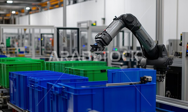 Robotic arms sort items in the factory, Improving production using smart machines and equipment, Relying on automation in the Kingdom’s factories, Integrating modern technology and technology into the work of Saudi factories and industrial companies, Saudi Vision 2030, Achieving the industrial revolution