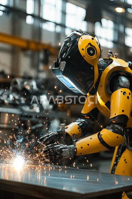 الشرار المتناثر في المعمل, تحقيق الثورة الصناعية, رؤية سعودية مستقبلية 2030, تجهيز وتوصيل الحديد بمعدات وأدوات لحامية خاصة, عامل روبوت يرتدي قناع الحماية يقوم بلحام المعدن وصهره, دمج التقنية والتكنولوجيا في مجال الميكانيك