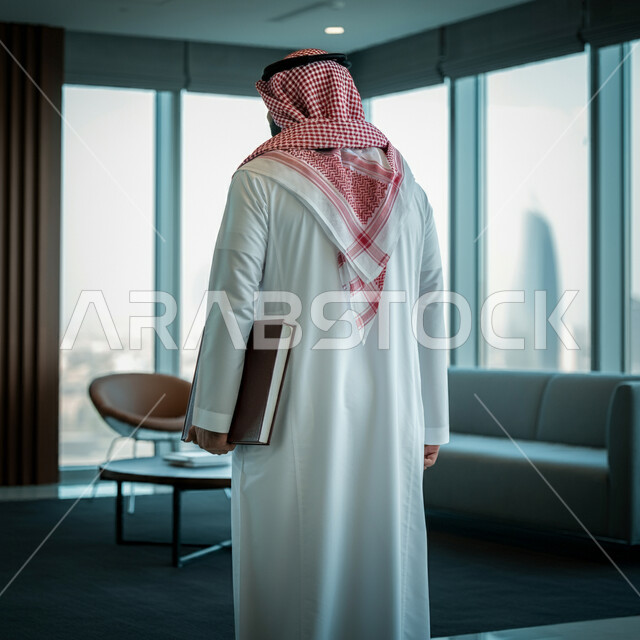 كتابة المهام و الأهداف اليومية، صورة من الخلف لرجل أعمال عربي خليجي سعودي يرتدي الثوب التقليدي والشماغ يقف في المكتب يحمل بيده دفتر، تدوين الملاحظات على الورق، التخطيط للعمل وإعداد تقارير ومهام العمل
