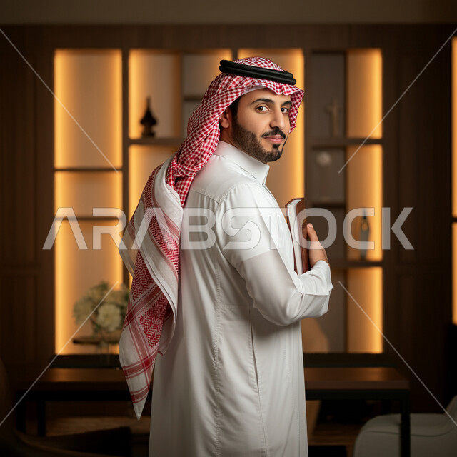 تدوين الملاحظات على الورق، التخطيط للعمل وإعداد تقارير ومهام العمل، صورة من الخلف لرجل أعمال عربي خليجي سعودي يرتدي الثوب التقليدي والشماغ يقف في المكتب بالنفس يحمل بيده دفتر ينظر إلى الكاميرا بإيماءات الثقة، كتابة المهام و الأهداف اليومية