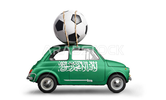 رسومات ثلاثية الأبعاد لسيارة بعلم المملكة باللون الأخضر، المونديال السعودي وتصفيات كأس العالم، انتقال كرة القدم السعودية حول العالم، الاهتمام الواسع بالمجال الرياضي والمنافسات والدوريات المحلية والخارجية للأندية والفرق العربية والعالمية، خلفية بيضاء