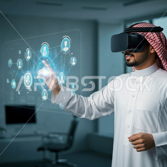 Simulating the imaginary world, integrating advanced technology with work, using modern technologies in office work, a young Saudi Arabian Gulf man wearing traditional thobe, shemagh and virtual reality glasses clicking on 3D holographic icons, the concept of digital transformation