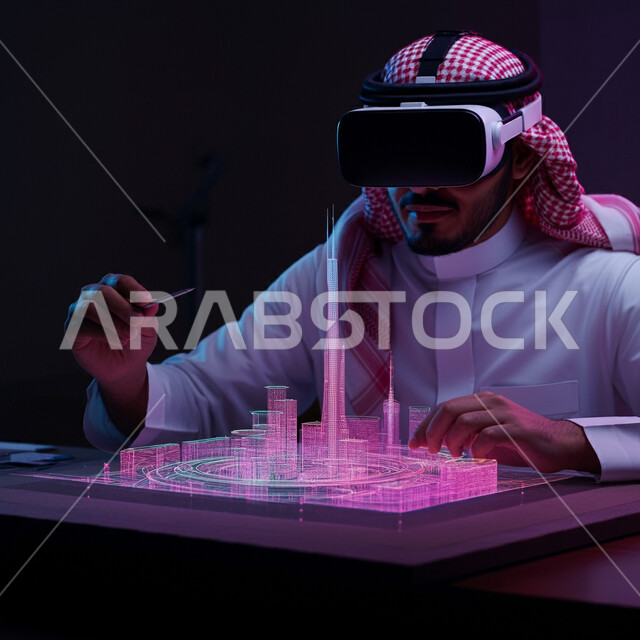 رؤية مستقبلية سعودية 2030، التفاعل مع الهندسة الافتراضية، مهندس عربي خليجي سعودي يرتدي الثوب التقليدي والشماغ يضع نظارة الواقع الافتراضي يتفاعل مع مجسم هولوجرامي لمبنى، نمو وتطور المجال الهندسي، استخدام أجهزة تقنية حديثة، مجسمات للمنشآت والمباني المعمارية