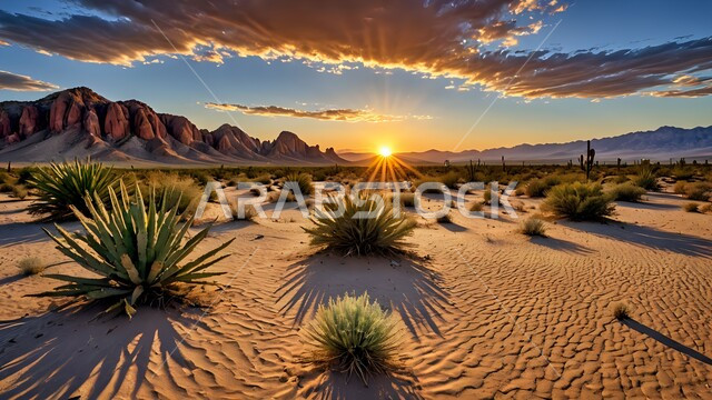 الاستمتاع بالمناظر الطبيعية في وقت الغروب، الهضاب والتلال الرملية في المناطق الصحراوية، الرمال الذهبية الناعمة والكثبان في صحراء المملكة العربية السعودية، نمو النباتات البرية والشوكية في الصحاري، منظر السماء المليئة بالغيوم البيضاء, خلفية الطبيعة