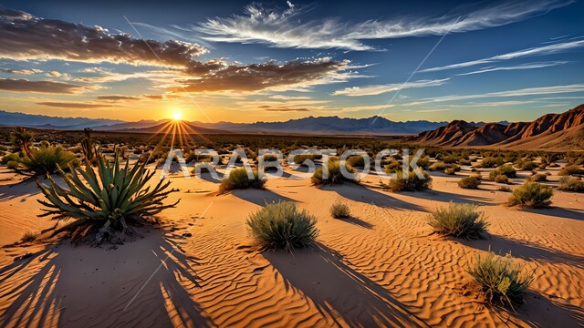 الاستمتاع بالمناظر الطبيعية في وقت الغروب، الهضاب والتلال الرملية في المناطق الصحراوية، الرمال الذهبية الناعمة والكثبان في صحراء المملكة العربية السعودية، نمو النباتات البرية والشوكية في الصحاري، منظر السماء المليئة بالغيوم البيضاء, خلفية الطبيعة