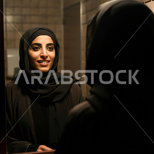 قضاء اوقات ممتعة في المنزل، الهدوء والاسترخاء والراحة، أزياء محجبات عصرية راقية، مفهوم الأناقة والاهتمام بالمظهر الخارجي، صورة مقربة لامرأة عربية خليجية سعودية مبتسمة ترتدي العباءة والحجاب تنظر الى شيء ما بإيماءات السرور و الثقة بالنفس