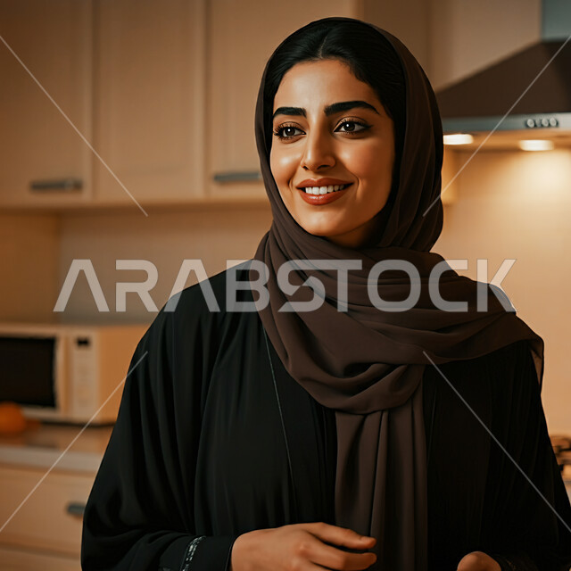 قضاء اوقات ممتعة في المنزل، الهدوء والاسترخاء والراحة، أزياء محجبات عصرية راقية، مفهوم الأناقة والاهتمام بالمظهر الخارجي، صورة مقربة لامرأة عربية خليجية سعودية مبتسمة ترتدي العباءة والحجاب تنظر الى شيء ما بإيماءات السرور و الثقة بالنفس