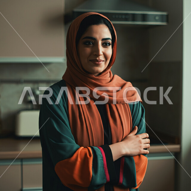 قضاء اوقات ممتعة في المنزل، الهدوء والاسترخاء والراحة، أزياء محجبات عصرية راقية، مفهوم الأناقة والاهتمام بالمظهر الخارجي، صورة مقربة لامرأة عربية خليجية سعودية مبتسمة ترتدي العباءة والحجاب تنظر الى شيء ما بإيماءات السرور و الثقة بالنفس