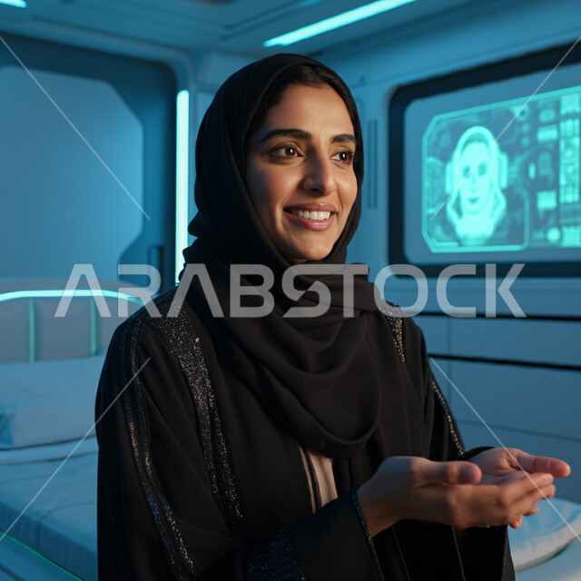 قضاء اوقات ممتعة في المنزل، الهدوء والاسترخاء والراحة، أزياء محجبات عصرية راقية، مفهوم الأناقة والاهتمام بالمظهر الخارجي، صورة مقربة لامرأة عربية خليجية سعودية مبتسمة ترتدي العباءة والحجاب تنظر الى شيء ما بإيماءات السرور و الثقة بالنفس