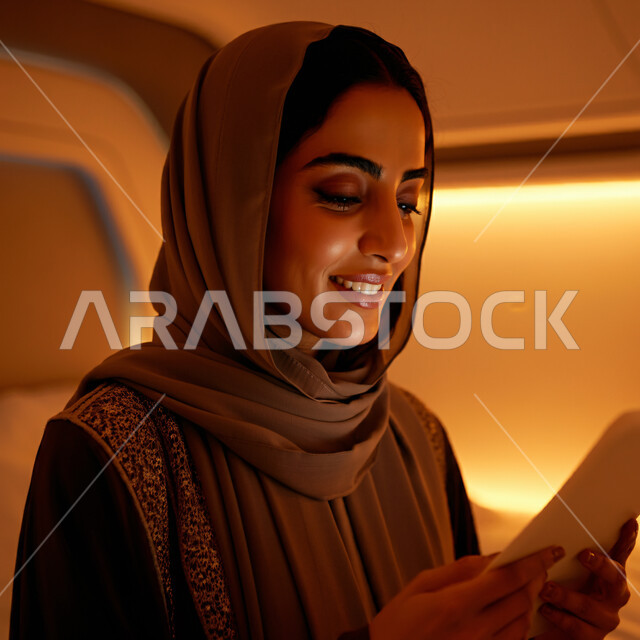 قضاء اوقات ممتعة في المنزل، الهدوء والاسترخاء والراحة، أزياء محجبات عصرية راقية، مفهوم الأناقة والاهتمام بالمظهر الخارجي، صورة مقربة لامرأة عربية خليجية سعودية مبتسمة ترتدي العباءة والحجاب تنظر الى شيء ما بإيماءات السرور و الثقة بالنفس