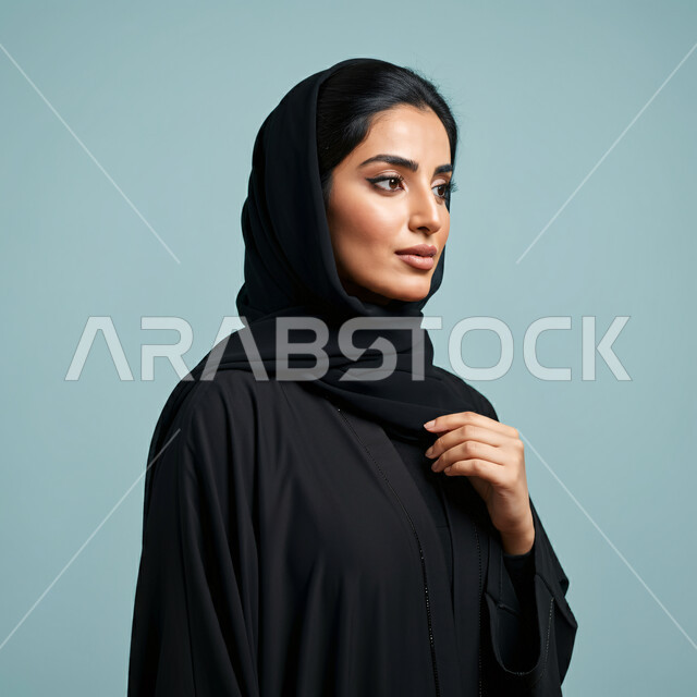 أزياء محجبات عصرية راقية، مفهوم الأناقة والاهتمام بالمظهر الخارجي، بورتريه مقرب من الجانب لامرأة عربية خليجية سعودية مبتسمة ترتدي العباءة والحجاب تنظر الى شيء ما بإيماءات السرور و الثقة بالنفس، قضاء اوقات ممتعة في المنزل، الهدوء والاسترخاء والراحة، خلفية زرقاء