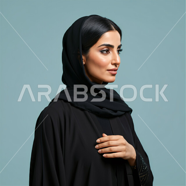 أزياء محجبات عصرية راقية، مفهوم الأناقة والاهتمام بالمظهر الخارجي، بورتريه مقرب من الجانب لامرأة عربية خليجية سعودية مبتسمة ترتدي العباءة والحجاب تنظر الى شيء ما بإيماءات السرور و الثقة بالنفس، قضاء اوقات ممتعة في المنزل، الهدوء والاسترخاء والراحة، خلفية زرقاء