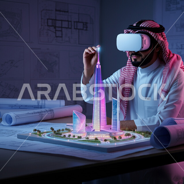استخدام أجهزة تقنية حديثة، رؤية مستقبلية سعودية 2030، التفاعل مع الهندسة الافتراضية، مهندس عربي خليجي سعودي يرتدي الثوب التقليدي والشماغ يضع نظارة الواقع الافتراضي يتفاعل مع مجسم هولوجرامي لمبنى، نمو وتطور المجال الهندسي، مجسمات للمنشآت والمباني المعمارية