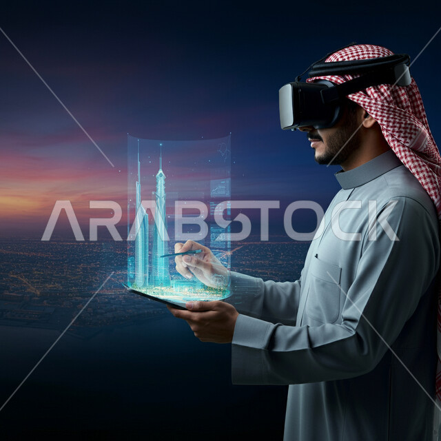 نمو وتطور المجال الهندسي، استخدام أجهزة تقنية حديثة، رؤية مستقبلية سعودية 2030، التفاعل مع الهندسة الافتراضية، مهندس عربي خليجي سعودي يرتدي الثوب التقليدي والشماغ يضع نظارة الواقع الافتراضي يتفاعل مع مجسم هولوجرامي لمبنى، مجسمات للمنشآت والمباني المعمارية