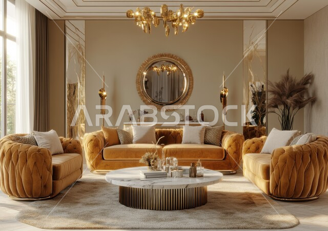 التصاميم الأنيقة لغرف الجلوس على الطراز الحديث, أجواء هادئة ومريحة, غرفة معيشة مع أثاث منزلي فاخر باللون البيج والذهبي، الديكورات الداخلية الراقية للفلل والشقق السكنية في المملكة العربية السعودية، اكسسوارات وتحف عصرية