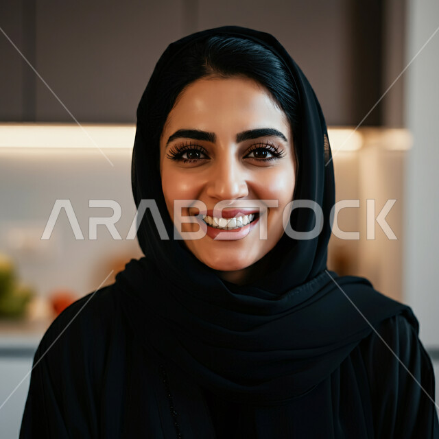 الاهتمام بالمظهر الخارجي، أزياء محجبات عصرية راقية، قضاء اوقات ممتعة في المنزل، مفهوم الهدوء والاسترخاء والراحة، صورة مقربة لامرأة عربية خليجية سعودية مبتسمة ترتدي العباءة والحجاب تنظر الى الكاميرا بإيماءات السرور و الثقة بالنفس، الملامح العربية الأصيلة
