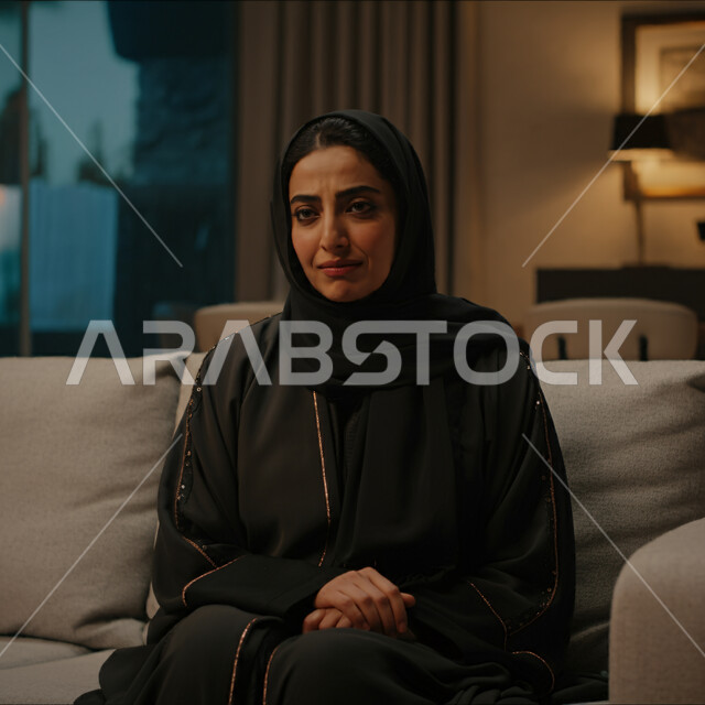 مفهوم القهر والخسارة، الندم والحسرة على شيء ما، صورة مقربة لامرأه عربيه خليجيه سعوديه محجبة ترتدي عباءة تنظر الى مكان ما بإيماءات تدل على البكاء والحزن، الشعور بالإنزعاج والخذلان