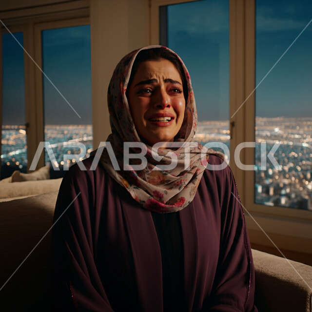 مفهوم القهر والخسارة، الندم والحسرة على شيء ما، صورة مقربة لامرأه عربيه خليجيه سعوديه محجبة ترتدي عباءة تنظر الى مكان ما بإيماءات تدل على البكاء والحزن، الشعور بالإنزعاج والخذلان