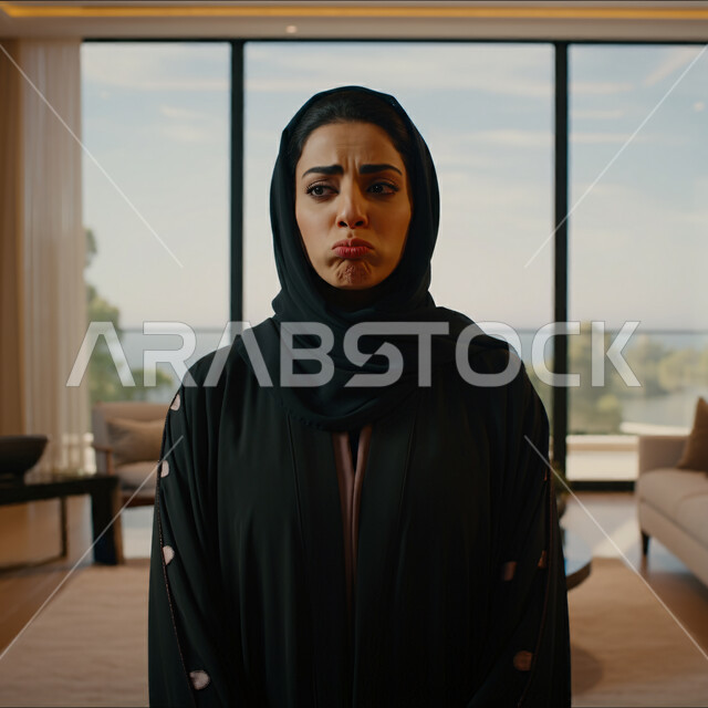الشعور بالإنزعاج والخذلان، مفهوم القهر والخسارة، الندم والحسرة على شيء ما، صورة مقربة لامرأه عربيه خليجيه سعوديه محجبة ترتدي عباءة تنظر الى مكان ما بإيماءات تدل على البكاء والحزن