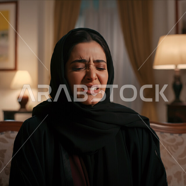 الشعور بالإنزعاج والخذلان، مفهوم القهر والخسارة، الندم والحسرة على شيء ما، صورة مقربة لامرأه عربيه خليجيه سعوديه محجبة ترتدي عباءة تنظر الى مكان ما بإيماءات تدل على البكاء والحزن