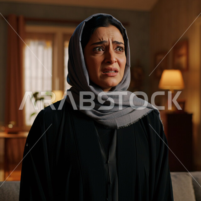 الشعور بالإنزعاج والخذلان، مفهوم القهر والخسارة، الندم والحسرة على شيء ما، صورة مقربة لامرأه عربيه خليجيه سعوديه محجبة ترتدي عباءة تنظر الى مكان ما بإيماءات تدل على البكاء والحزن
