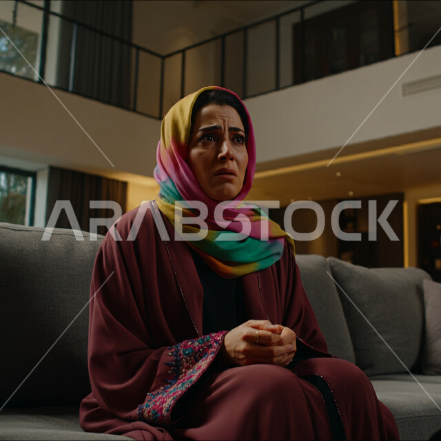 مفهوم القهر والخسارة، الندم والحسرة على شيء ما، صورة مقربة لامرأه عربيه خليجيه سعوديه محجبة ترتدي عباءة تنظر الى مكان ما بإيماءات تدل على البكاء والحزن، الشعور بالإنزعاج والخذلان