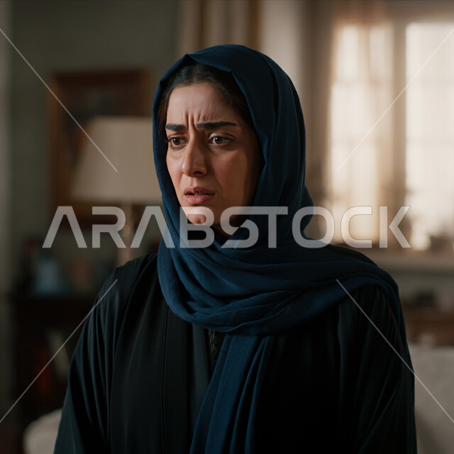 مفهوم القهر والخسارة، الندم والحسرة على شيء ما، صورة مقربة لامرأه عربيه خليجيه سعوديه محجبة ترتدي عباءة تنظر الى مكان ما بإيماءات تدل على البكاء والحزن، الشعور بالإنزعاج والخذلان