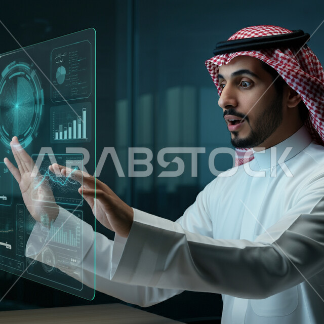 Integrating advanced technology with business, a young Saudi Arabian Gulf man wearing traditional thobe and shemagh clicking on 3D holographic icons, the concept of digital transformation, statistical charts of the stock exchange, development of companies and economic projects
