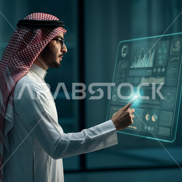 تطوير الشركات والمشاريع الاقتصادية، رسوم بيانية إحصائية للبورصة المالية، شاب عربي خليجي سعودي يرتدي الثوب التقليدي والشماغ يقوم بالنقر على الأيقونات الهولوجرامية ثلاثية الأبعاد، مفهوم التحول الرقمي، دمج التكنولوجيا المتطورة مع العمل
