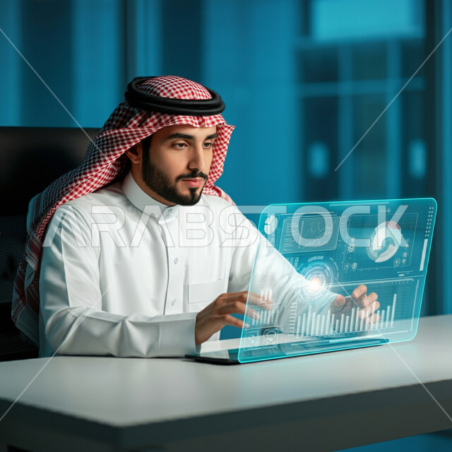 مفهوم التحول الرقمي، دمج التكنولوجيا المتطورة مع العمل، شاب عربي خليجي سعودي يرتدي الثوب التقليدي والشماغ يقوم بالنقر على الأيقونات الهولوجرامية ثلاثية الأبعاد، رسوم بيانية إحصائية للبورصة المالية، تطوير الشركات والمشاريع الاقتصادية