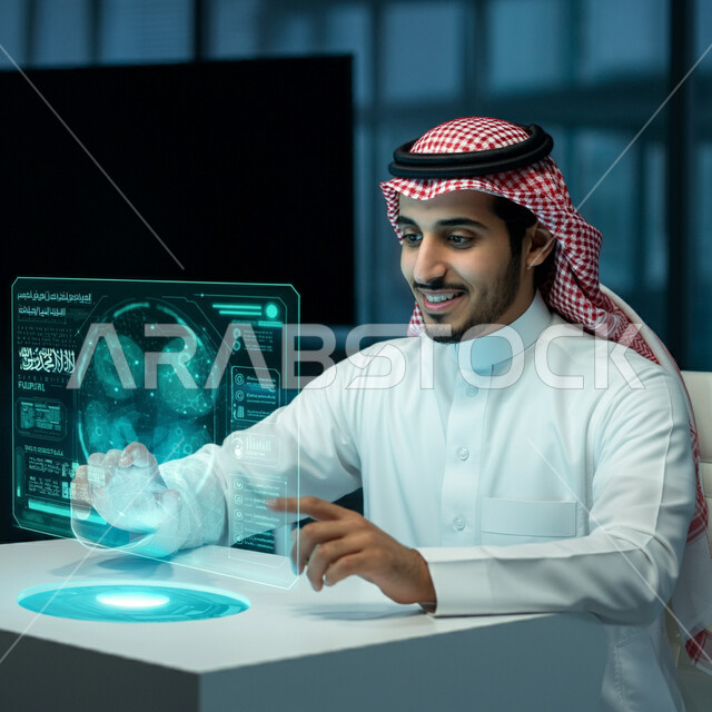 دمج التكنولوجيا المتطورة مع العمل، شاب عربي خليجي سعودي يرتدي الثوب التقليدي والشماغ يقوم بالنقر على الأيقونات الهولوجرامية ثلاثية الأبعاد، مفهوم التحول الرقمي، رسوم بيانية إحصائية للبورصة المالية، تطوير الشركات والمشاريع الاقتصادية