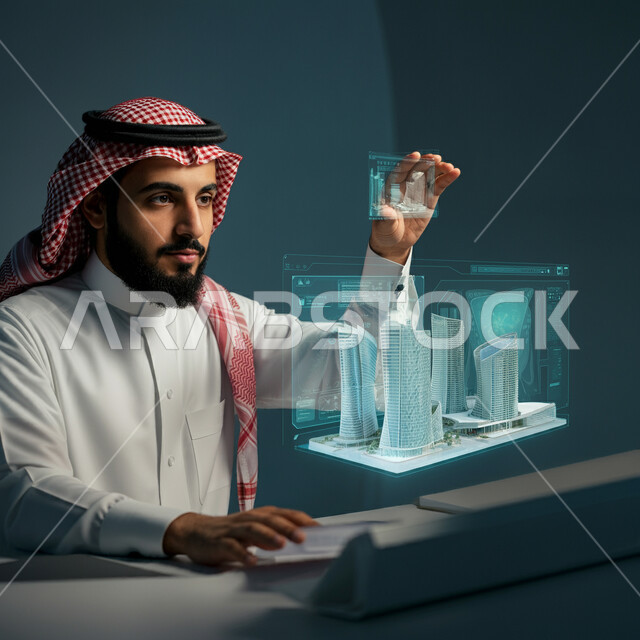 متابعة المخططات الهندسية المتطورة، رؤية مستقبلية 2030، مهندس عربي خليجي سعودي يرتدي الثوب التقليدي والشماغ يتفاعل مع شاشة هولوجرامية ثلاثية الأبعاد للأبراج وناطحات السحاب، الحداثة والتطور في الهندسة المعمارية الذكية، نمو وتطور المجال الهندسي